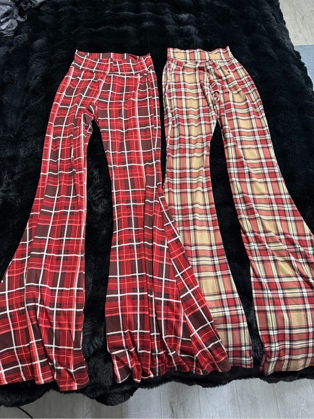 Plaid Boot Cut Flare Pants - Red & Beige